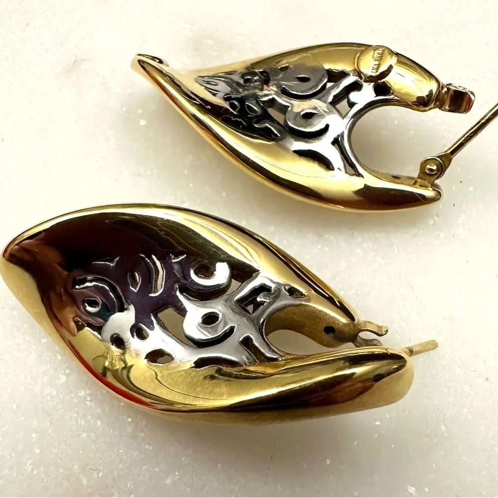 14k Golden Clef Arezzo Yellow & White Gold Polished Cutout Post Earrings 4.5g